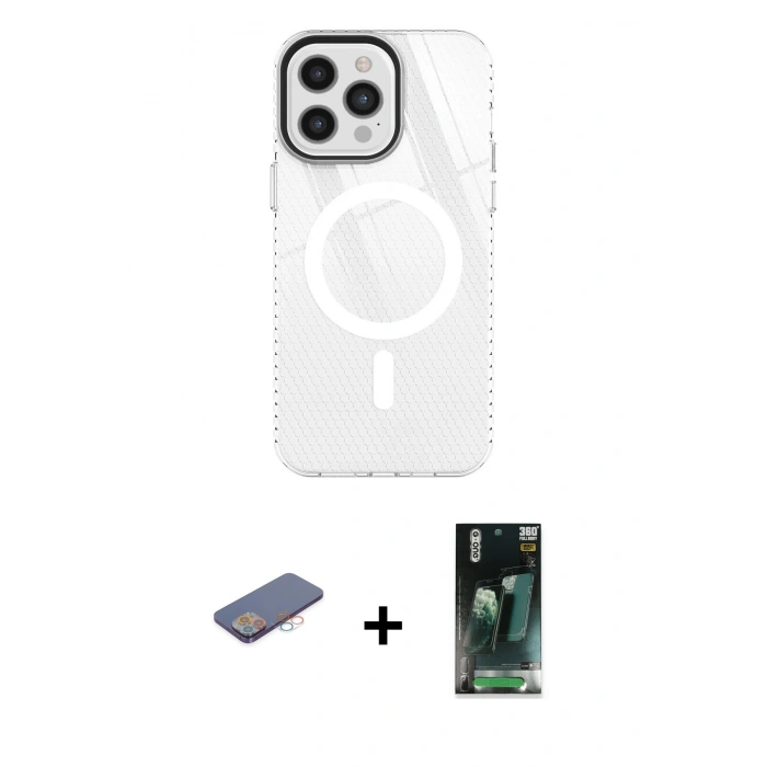 MARSİLYAN™- iPhone 12 Pro Max Kılıf Doruk Prime - Şeffaf 360 Full Body Arka Koruyucu + Renkli Kamera Lens Koruma Cam - PE