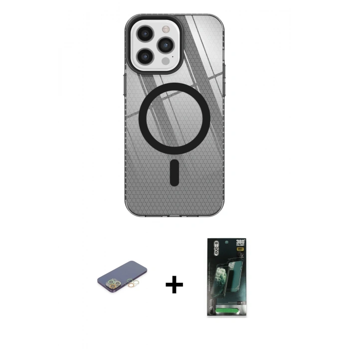 MARSİLYAN™- iPhone 12 Pro Max Kılıf Doruk Prime - Şeffaf 360 Full Body Arka Koruyucu + Renkli Kamera Lens Koruma Cam - SI