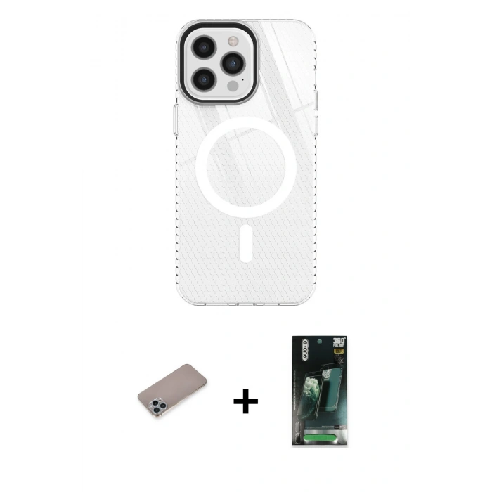 MARSİLYAN™- iPhone 12 Pro Max Kılıf Doruk Prime - Şeffaf 360 Full Body Arka Koruyucu + Shine Kamera Lens Koruma Cam - SABE