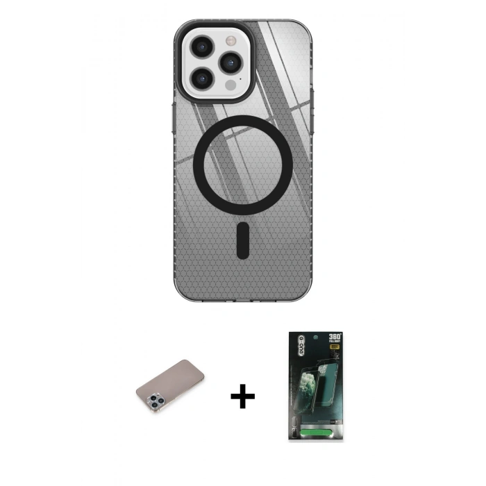 MARSİLYAN™- iPhone 12 Pro Max Kılıf Doruk Prime - Şeffaf 360 Full Body Arka Koruyucu + Shine Kamera Lens Koruma Cam - SABE
