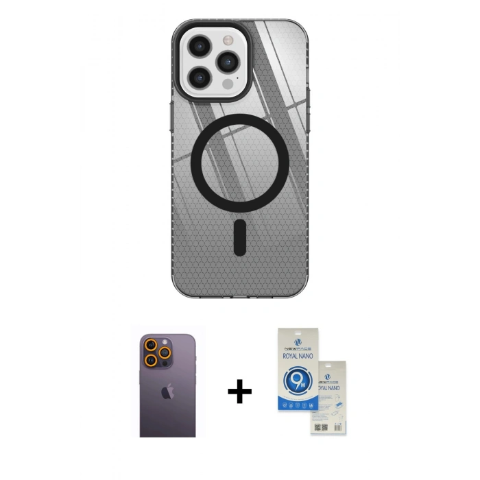 MARSİLYAN™- iPhone 12 Pro Max Kılıf Doruk Prime - Şeffaf Royal Nano Ekran Koruyucu + Neon Fosforlu Kamera Lens - SI