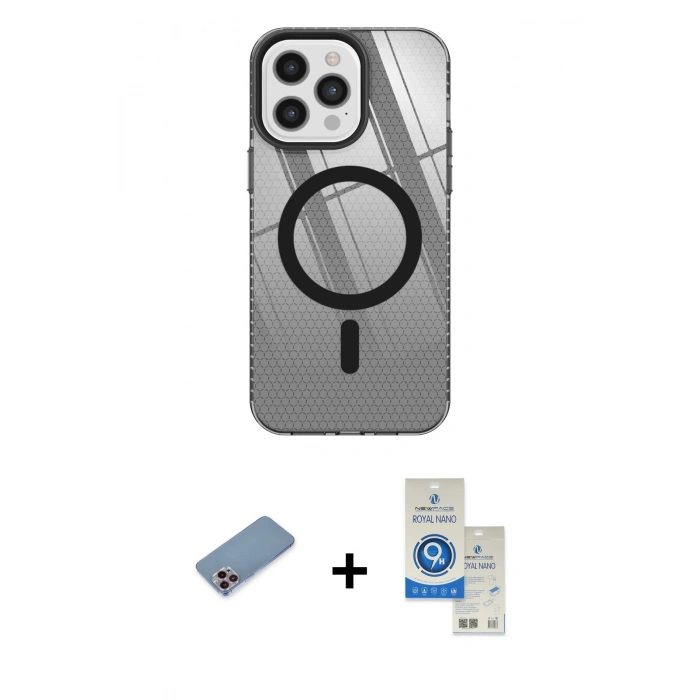 MARSİLYAN™- iPhone 12 Pro Max Kılıf Doruk Prime - Şeffaf Royal Nano Ekran Koruyucu + Shine Kamera Lens Koruma Cam - PE