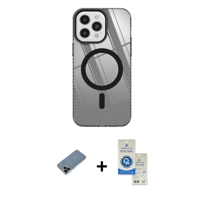 MARSİLYAN™- iPhone 12 Pro Max Kılıf Doruk Prime - Şeffaf Royal Nano Ekran Koruyucu + Shine Kamera Lens Koruma Cam - SH