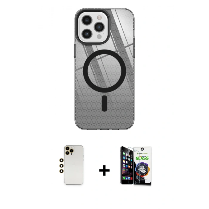 MARSİLYAN™- iPhone 12 Pro Max Kılıf Doruk Prime - Şeffaf Temperli Cam Ekran Koruyucu + Shine Kamera Lens - GD