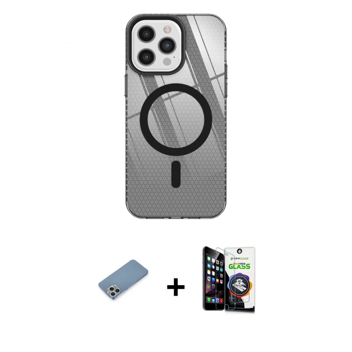 MARSİLYAN™- iPhone 12 Pro Max Kılıf Doruk Prime - Şeffaf Temperli Cam Ekran Koruyucu + Shine Kamera Lens Koruma Cam - GS