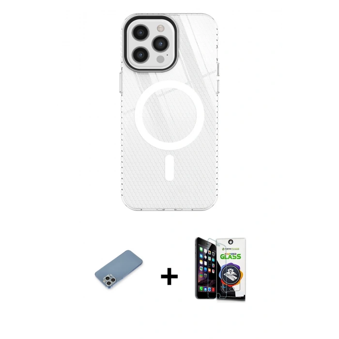 MARSİLYAN™- iPhone 12 Pro Max Kılıf Doruk Prime - Şeffaf Temperli Cam Ekran Koruyucu + Shine Kamera Lens Koruma Cam - GS