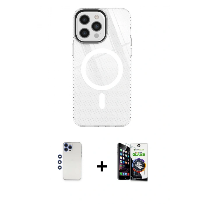 MARSİLYAN™- iPhone 12 Pro Max Kılıf Doruk Prime - Şeffaf Temperli Cam Ekran Koruyucu + Lacivert Shine Kamera Lens