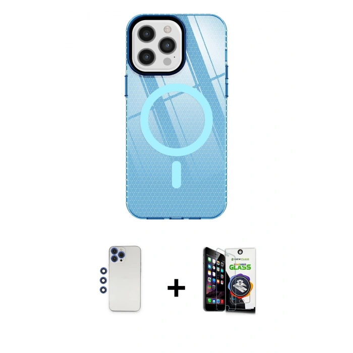 MARSİLYAN™- iPhone 12 Pro Max Kılıf Doruk Prime - Şeffaf Temperli Cam Ekran Koruyucu + Lacivert Shine Kamera Lens