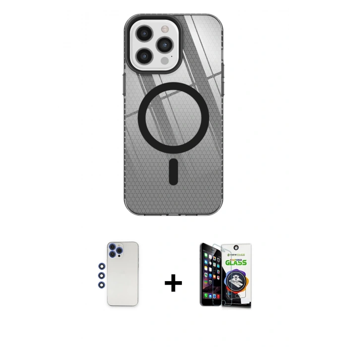 MARSİLYAN™- iPhone 12 Pro Max Kılıf Doruk Prime - Şeffaf Temperli Cam Ekran Koruyucu + Lacivert Shine Kamera Lens