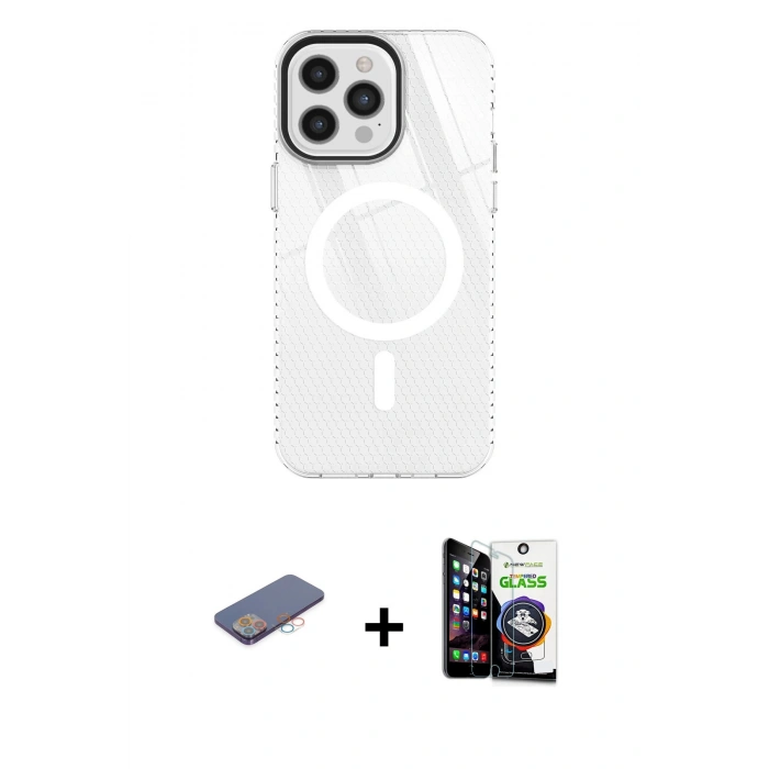 MARSİLYAN™- iPhone 12 Pro Max Kılıf Doruk Prime - Şeffaf Temperli Cam Ekran Koruyucu + Renkli Kamera Lens Koruma Cam - PE