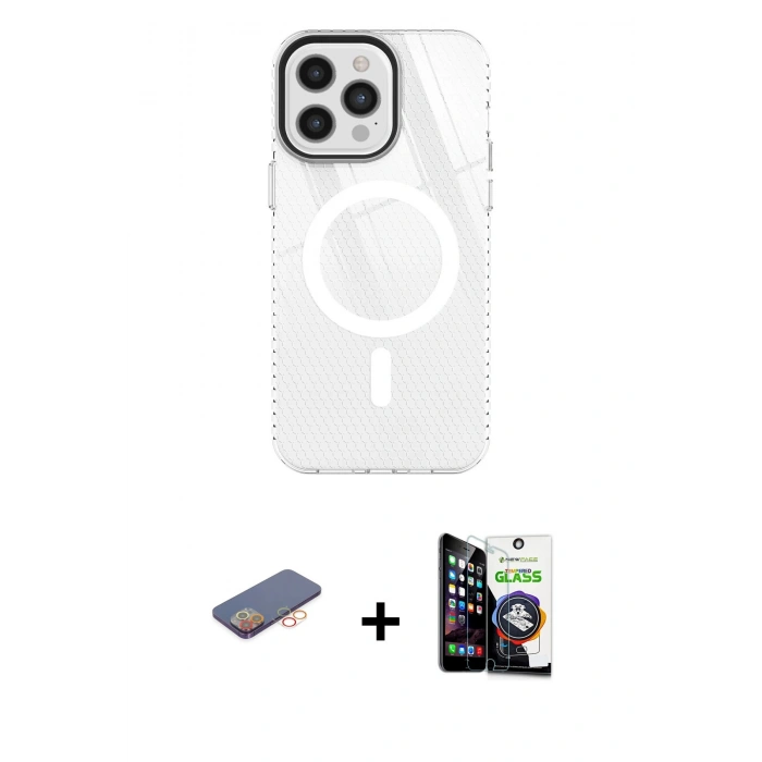 MARSİLYAN™- iPhone 12 Pro Max Kılıf Doruk Prime - Şeffaf Temperli Cam Ekran Koruyucu + Renkli Kamera Lens Koruma Cam - TU