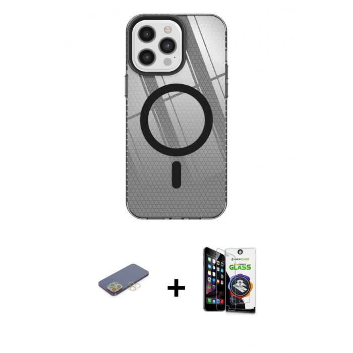MARSİLYAN™- iPhone 12 Pro Max Kılıf Doruk Prime - Şeffaf Temperli Cam Ekran Koruyucu + Renkli Kamera Lens Koruma Cam - SI