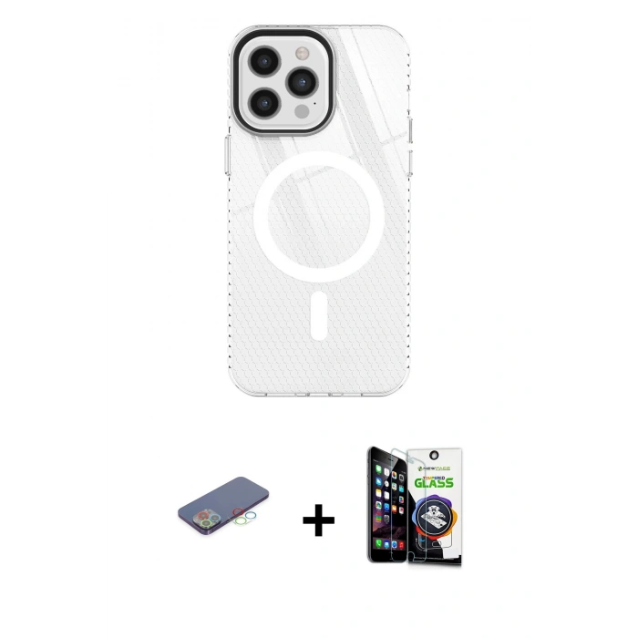 MARSİLYAN™- iPhone 12 Pro Max Kılıf Doruk Prime - Şeffaf Temperli Cam Ekran Koruyucu + Renkli Kamera Lens Koruma Cam - MI