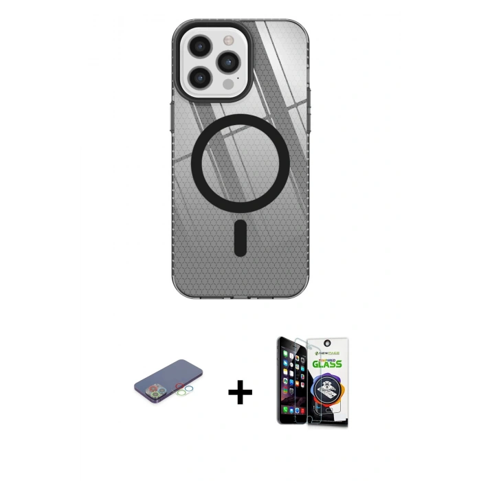 MARSİLYAN™- iPhone 12 Pro Max Kılıf Doruk Prime - Şeffaf Temperli Cam Ekran Koruyucu + Renkli Kamera Lens Koruma Cam - MI