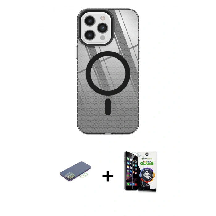 MARSİLYAN™- iPhone 12 Pro Max Kılıf Doruk Prime - Şeffaf Temperli Cam Ekran Koruyucu + Renkli Kamera Lens Koruma Cam - YL