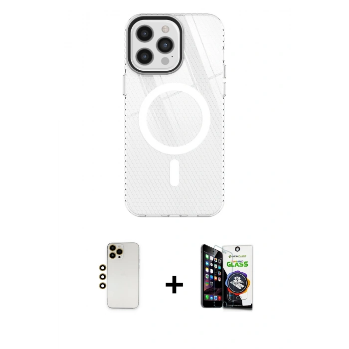 MARSİLYAN™- iPhone 12 Pro Max Kılıf Doruk Prime - Şeffaf Temperli Cam Ekran Koruyucu + Shine Kamera Lens - GD