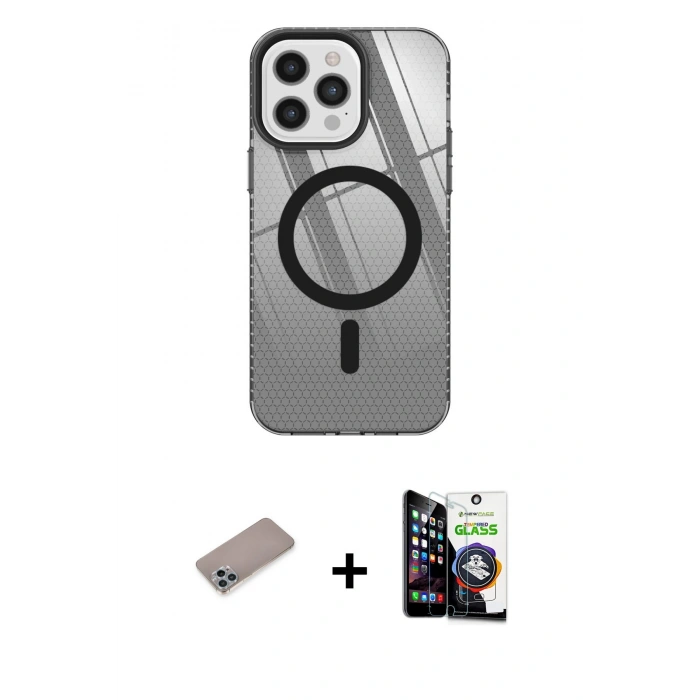 MARSİLYAN™- iPhone 12 Pro Max Kılıf Doruk Prime - Şeffaf Temperli Cam Ekran Koruyucu + Shine Kamera Lens Koruma Cam - SABE