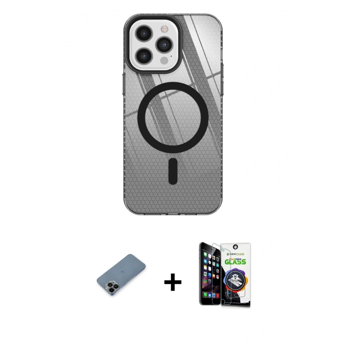 MARSİLYAN™- iPhone 12 Pro Max Kılıf Doruk Prime - Şeffaf Temperli Cam Ekran Koruyucu + Shine Kamera Lens Koruma Cam - SH