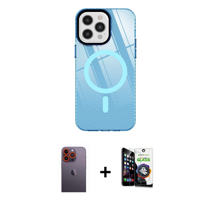 MARSİLYAN™- iPhone 12 Pro Max Kılıf Doruk Prime - Şeffaf Temperli Cam Ekran Koruyucu + Neon Fosforlu Kamera Lens - TU