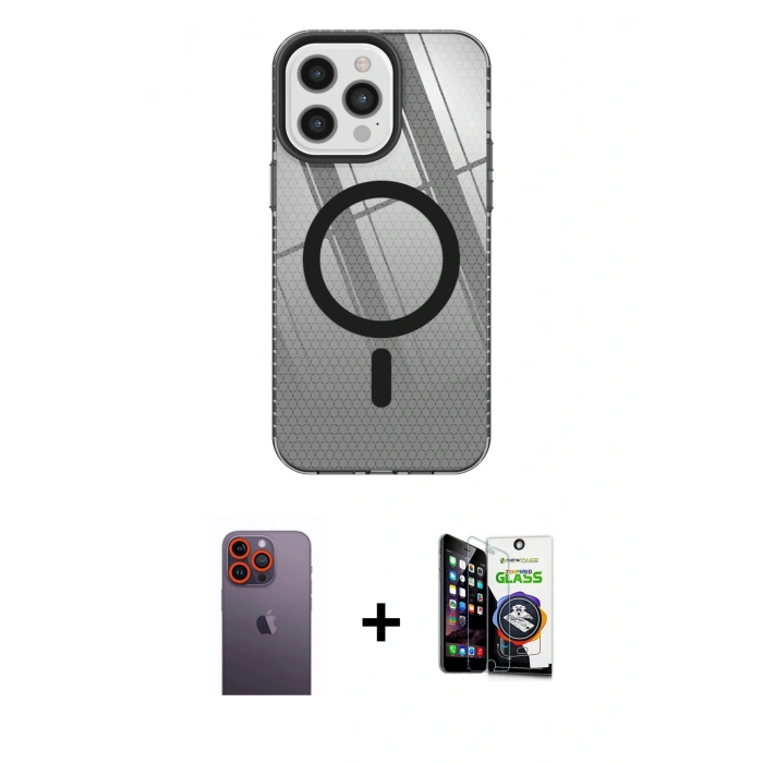 MARSİLYAN™- iPhone 12 Pro Max Kılıf Doruk Prime - Şeffaf Temperli Cam Ekran Koruyucu + Neon Fosforlu Kamera Lens - TU