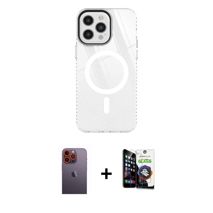 MARSİLYAN™- iPhone 12 Pro Max Kılıf Doruk Prime - Şeffaf Temperli Cam Ekran Koruyucu + Neon Fosforlu Kamera Lens - TU