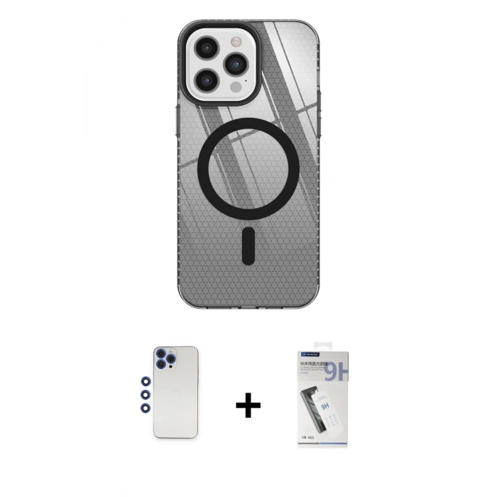 MARSİLYAN™- iPhone 12 Pro Max Kılıf Doruk Prime - Şeffaf Uv Polymer Nano Ekran Koruyucu + Lacivert Shine Kamera Lens