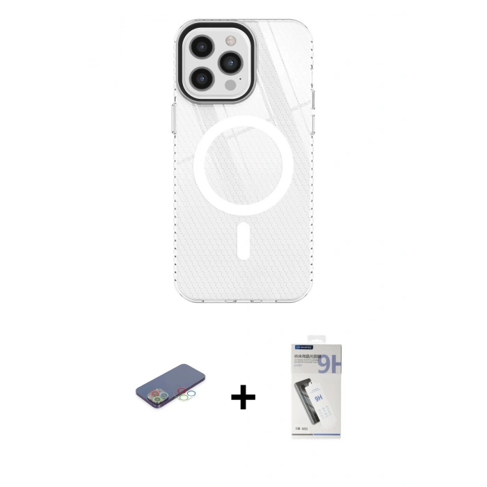 MARSİLYAN™- iPhone 12 Pro Max Kılıf Doruk Prime - Şeffaf Uv Polymer Nano Ekran Koruyucu + Renkli Kamera Lens Koruma Cam - MI