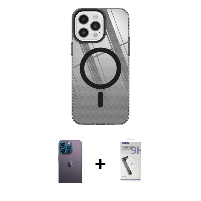 MARSİLYAN™- iPhone 12 Pro Max Kılıf Doruk Prime - Şeffaf Uv Polymer Nano Ekran Koruyucu + Neon Fosforlu Kamera Lens - MI