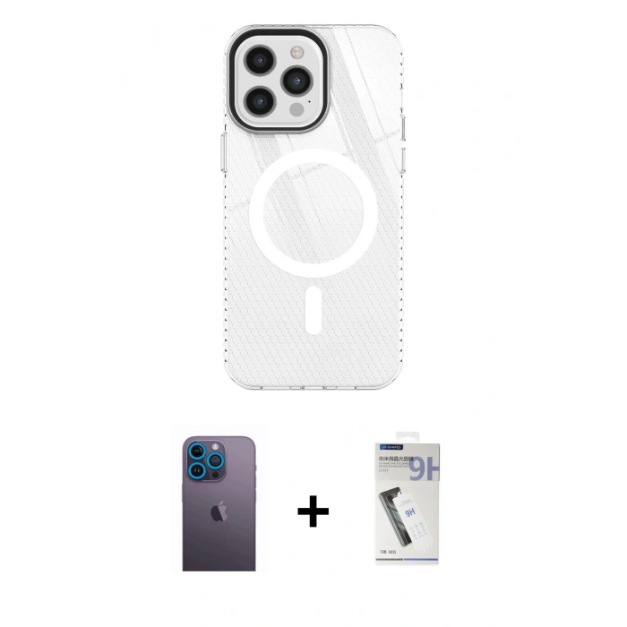 MARSİLYAN™- iPhone 12 Pro Max Kılıf Doruk Prime - Şeffaf Uv Polymer Nano Ekran Koruyucu + Neon Fosforlu Kamera Lens - MI
