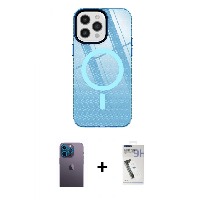 MARSİLYAN™- iPhone 12 Pro Max Kılıf Doruk Prime - Şeffaf Uv Polymer Nano Ekran Koruyucu + Neon Fosforlu Kamera Lens - MI