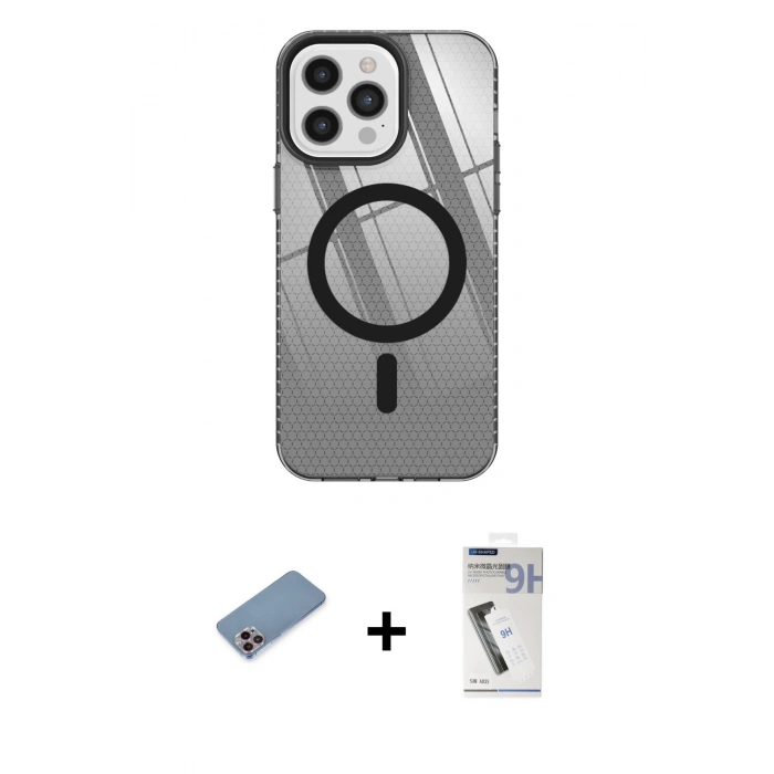 MARSİLYAN™- iPhone 12 Pro Max Kılıf Doruk Prime - Şeffaf Uv Polymer Nano Ekran Koruyucu + Pembe Shine Kamera Lens Koruma Cam