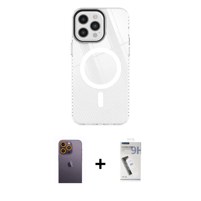 MARSİLYAN™- iPhone 12 Pro Max Kılıf Doruk Prime - Şeffaf Uv Polymer Nano Ekran Koruyucu + Neon Fosforlu Kamera Lens - SI