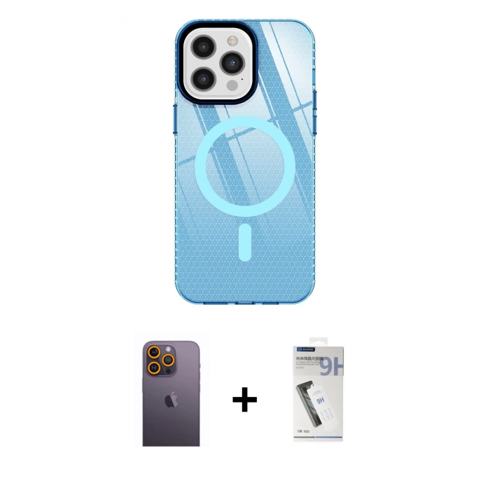 MARSİLYAN™- iPhone 12 Pro Max Kılıf Doruk Prime - Şeffaf Uv Polymer Nano Ekran Koruyucu + Neon Fosforlu Kamera Lens - SI