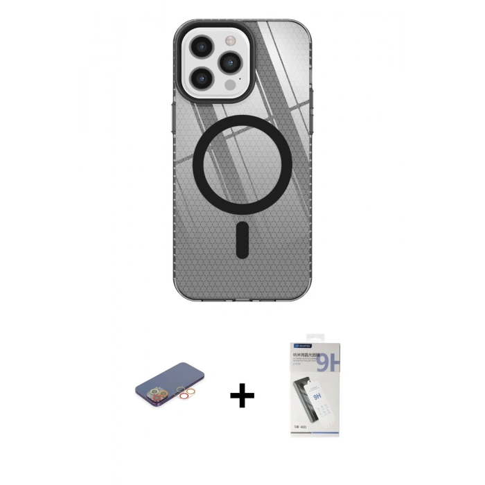 MARSİLYAN™- iPhone 12 Pro Max Kılıf Doruk Prime - Şeffaf Uv Polymer Nano Ekran Koruyucu + Turuncu Renkli Kamera Lens Koruma Cam