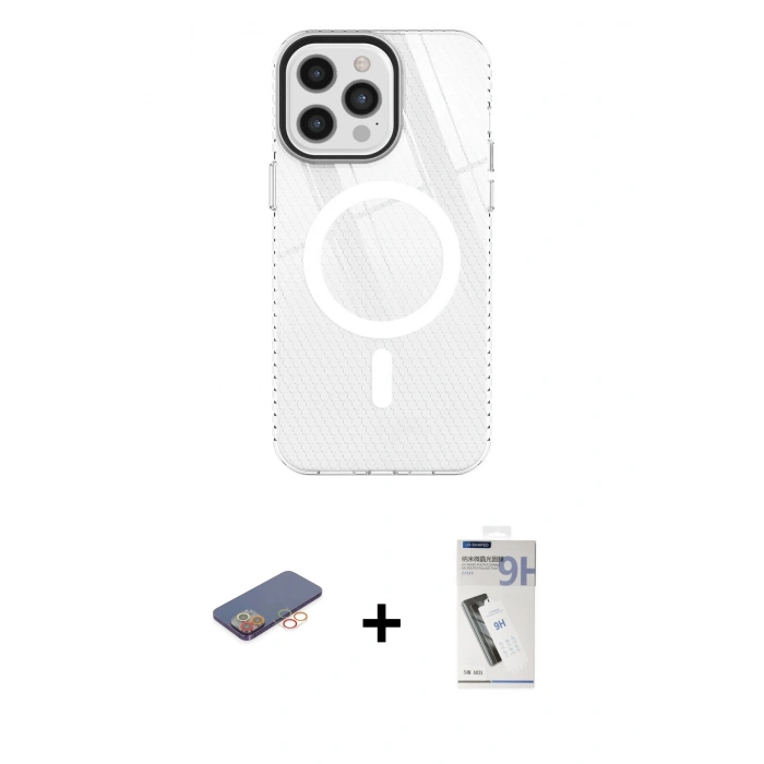MARSİLYAN™- iPhone 12 Pro Max Kılıf Doruk Prime - Şeffaf Uv Polymer Nano Ekran Koruyucu + Turuncu Renkli Kamera Lens Koruma Cam