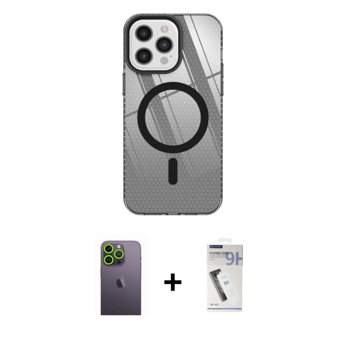 MARSİLYAN™- iPhone 12 Pro Max Kılıf Doruk Prime - Şeffaf Uv Polymer Nano Ekran Koruyucu + Neon Fosforlu Kamera Lens - YL