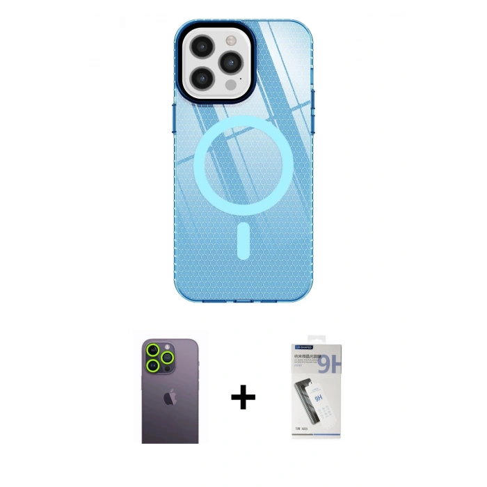 MARSİLYAN™- iPhone 12 Pro Max Kılıf Doruk Prime - Şeffaf Uv Polymer Nano Ekran Koruyucu + Neon Fosforlu Kamera Lens - YL