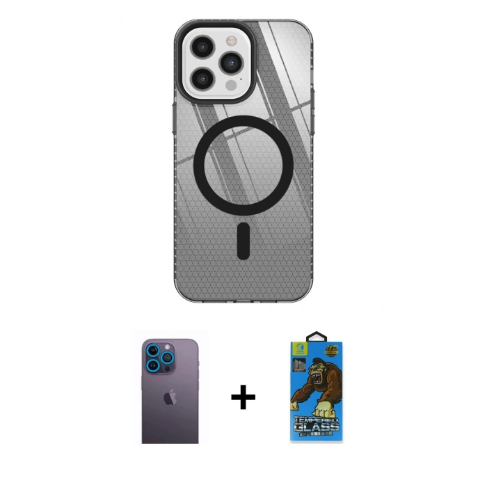 MARSİLYAN™- iPhone 12 Pro Max Kılıf Doruk Prime - Siyah 18D Cam Ekran Koruyucu + Neon Fosforlu Kamera Lens - MI