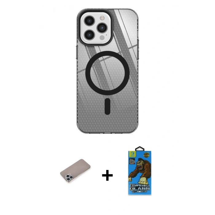 MARSİLYAN™- iPhone 12 Pro Max Kılıf Doruk Prime - Siyah 18D Cam Ekran Koruyucu + Shine Kamera Lens Koruma Cam - SABE