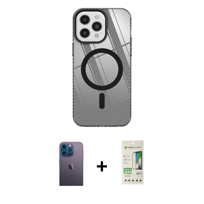 MARSİLYAN™- iPhone 12 Pro Max Kılıf Doruk Prime - Siyah 20D Premium Cam Ekran Koruyucu + Neon Fosforlu Kamera Lens - MI