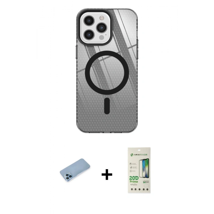 MARSİLYAN™- iPhone 12 Pro Max Kılıf Doruk Prime - Siyah 20D Premium Cam Ekran Koruyucu + Shine Kamera Lens Koruma Cam - MI