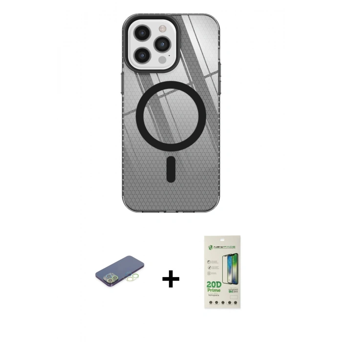 MARSİLYAN™- iPhone 12 Pro Max Kılıf Doruk Prime - Siyah 20D Premium Cam Ekran Koruyucu + Renkli Kamera Lens Koruma Cam - YL