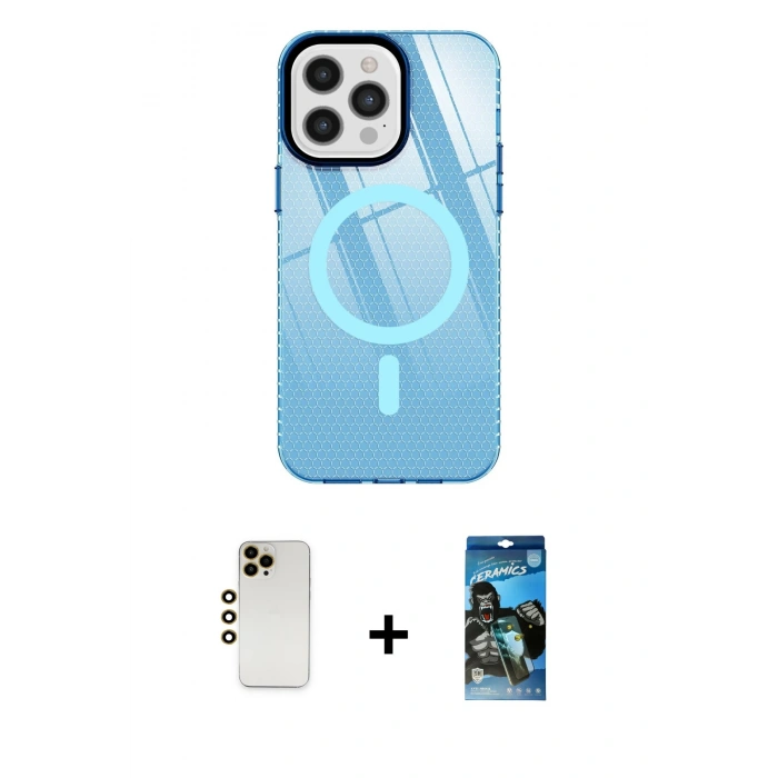 MARSİLYAN™- iPhone 12 Pro Max Kılıf Doruk Prime - Siyah 34D Izgaralı Cam + Shine Kamera Lens - GD