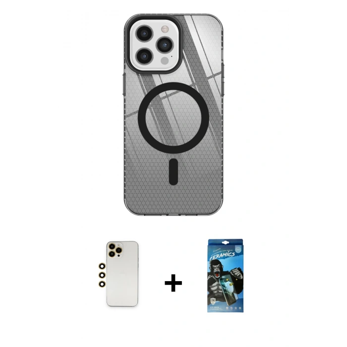 MARSİLYAN™- iPhone 12 Pro Max Kılıf Doruk Prime - Siyah 34D Izgaralı Cam + Shine Kamera Lens - GD