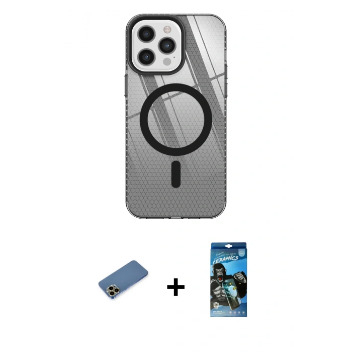 MARSİLYAN™- iPhone 12 Pro Max Kılıf Doruk Prime - Siyah 34D Izgaralı Cam + Shine Kamera Lens Koruma Cam - GD
