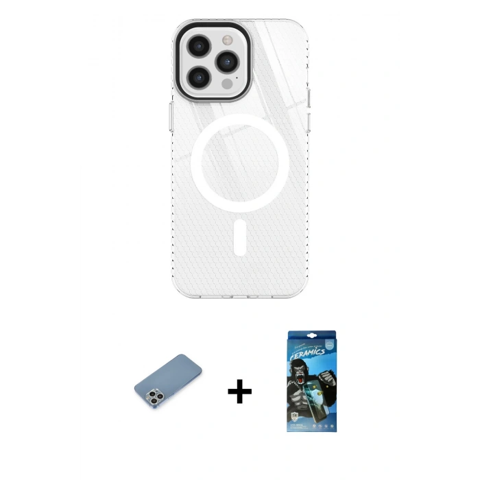 MARSİLYAN™- iPhone 12 Pro Max Kılıf Doruk Prime - Siyah 34D Izgaralı Cam + Shine Kamera Lens Koruma Cam - GS