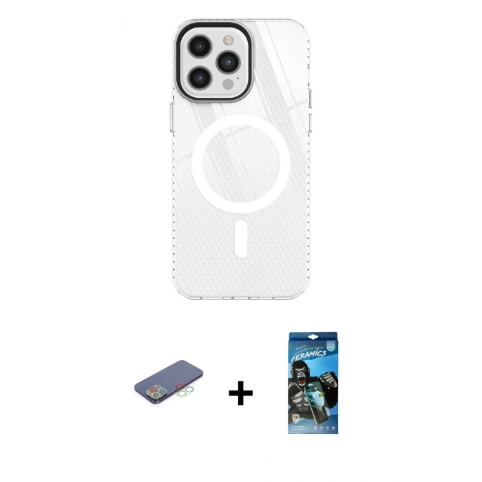 MARSİLYAN™- iPhone 12 Pro Max Kılıf Doruk Prime - Siyah 34D Izgaralı Cam + Renkli Kamera Lens Koruma Cam - MI