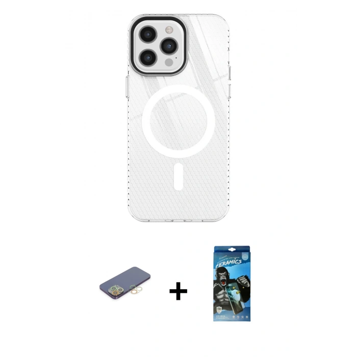 MARSİLYAN™- iPhone 12 Pro Max Kılıf Doruk Prime - Siyah 34D Izgaralı Cam + Renkli Kamera Lens Koruma Cam - SI