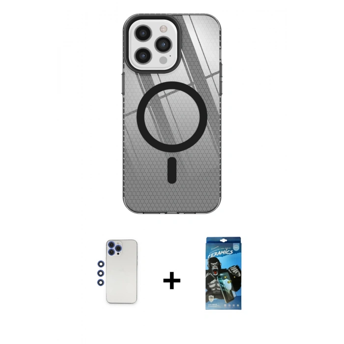 MARSİLYAN™- iPhone 12 Pro Max Kılıf Doruk Prime - Siyah 34D Izgaralı Cam + Shine Kamera Lens - LT
