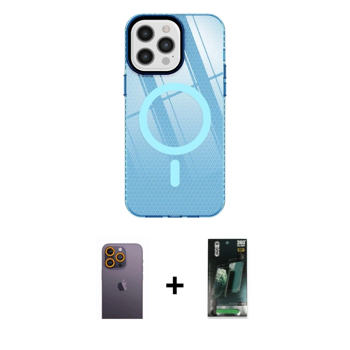 MARSİLYAN™- iPhone 12 Pro Max Kılıf Doruk Prime - Siyah 360 Mat Full Body Arka Koruyucu + Neon Fosforlu Kamera Lens - SI